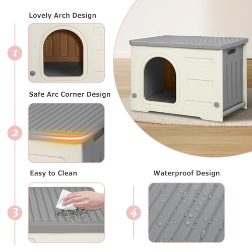 Deblue Weatherproof Cat House for Indoor Outdoor, Durable Outside Cat House for Feral Cats, Unique Cat Shelter for Small Pet, Spacious, Easy to Assemble - Grey - WoodArtSupply