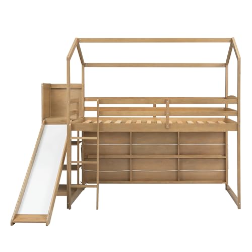 Harper & Bright Designs Kids Twin House Loft Bed with Slide, Storage Shelves, and LED Light - WoodArtSupply