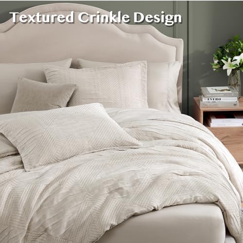 MaiRêve Full Size Comforter Set Beige, Crinkle Textured Design Boho Bedding Set 7 Pieces Bed in A Bag, All Season Geometric Comforter Set with Sheets, Pillowcases & Shams MaiRêve