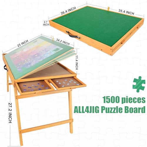 ALL4JIG Jigsaw Puzzle Table with Legs for 1500 Pieces, Firmer Adjustable Jigsaw Puzzle Board with 4 Drawers & Cover Birthday Gift for mom,25"x34"Portable Wooden Puzzle Table with Tilting for Adult ALL4JIG