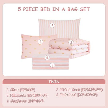 Wink Deer Twin Comforter Set with Sheets for Girls-5 Pieces Twin Bedding Sets with Pink Comforter, Sheets, Pillowcase & Sham for Kids (Pink Gold Heart, 66" X 86") Wink Deer