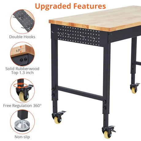 ACONEE 48" Adjustable Workbench, Heavy Duty Workstation 2000 LBS Load Capacity, Rubber Wood Top Workstation with 4 Rolling Casters, Power Outlets, Metal Frame, Wood Top Workbench for Workshop Garage ACONEE