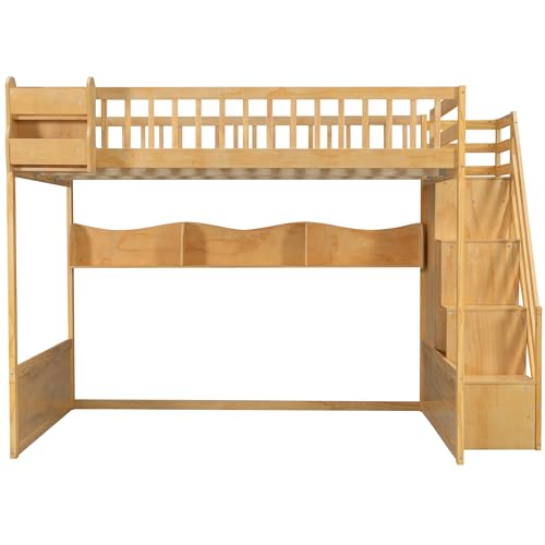 Merax Queen Size Wood Loft Bed Frame with Staircase,Storage Shelves & Wardrobe for Teens, Modern Loft Bed with Solid Slats, Guardrail, No Box Spring Required, Easy Assembly, for Bedroom, Natural Merax