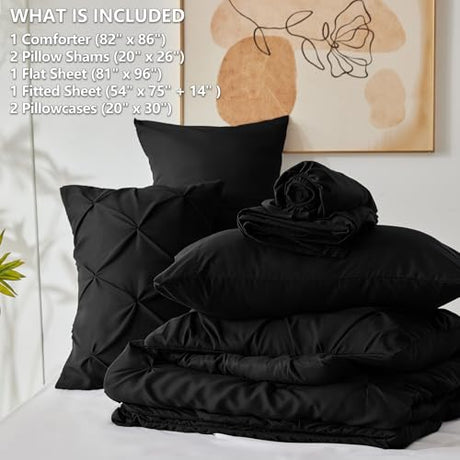 CozyLux Full Size Comforter Sets Black, 7 Pieces Pintuck Bed in A Bag Black Comforter Full Size, Pinch Pleat Bedding Sets with All Season Comforter, Sheets, Pillowcases & Shams CozyLux
