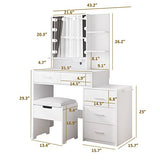 Maupvit Vanity Desk with Mirror and 10 LED Bulbs, Makeup Vanity Set with Charging Station & Nightstand, 5 Drawers Large Capacity, 2 Open Shelves, Dressing Table with Storage Stool for Bedroom, White Maupvit