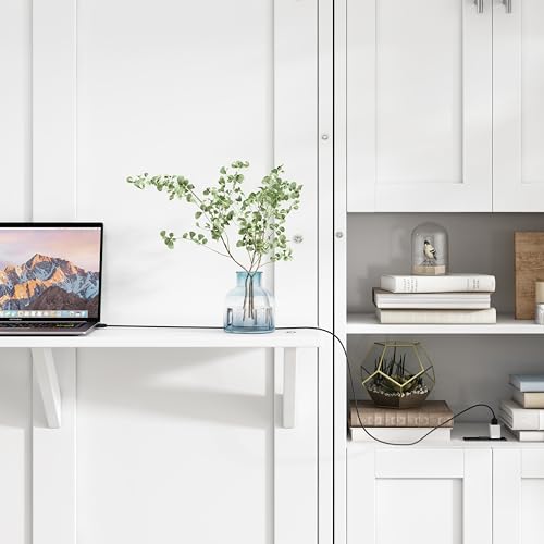 SOFTSEA Full Size Murphy Bed Cabinet with Desk, Space Saving Hidden Wall Bed Cabinet, White SOFTSEA