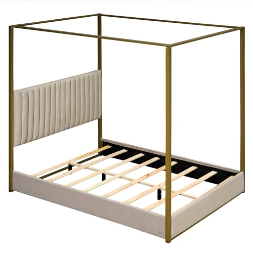 LUMISOL Queen Size Metal Canopy Bed Frame, Upholstered Four-Poster Platform Bed Frame with Headboard, Morden Low Profile Platform Beds, No Box Spring Needed, Beige