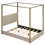 LUMISOL Queen Size Metal Canopy Bed Frame, Upholstered Four-Poster Platform Bed Frame with Headboard, Morden Low Profile Platform Beds, No Box Spring Needed, Beige