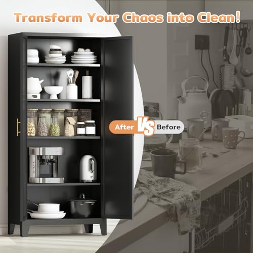 Zevemomo 70.87" H Metal Kitchen Pantry Cabinet, Freestanding Cupboard with 2 Doors and 4 Adjustable Shelves, Tall Metal Storage Cabinet for Kitchen, Bathroom, Dinning Room or Laundry Room （Black） Zevemomo