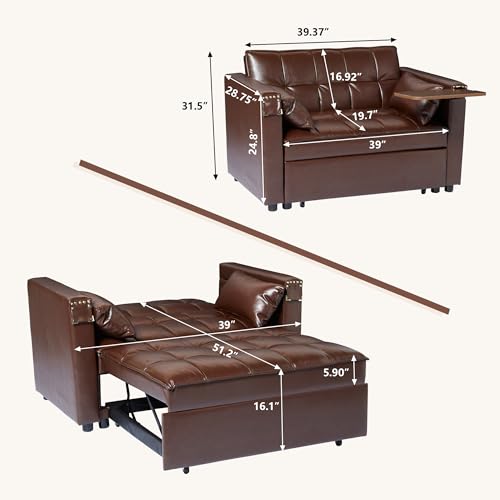 weselon Leather Convertible 3 in 1 Sleeper Sofa Bed, Small Upholstered Loveseat Pull Out Couch, Multi-Functional Sleeper Futon with Hidden Table and Adjustable Backrest for Living Room (Brown) weselon