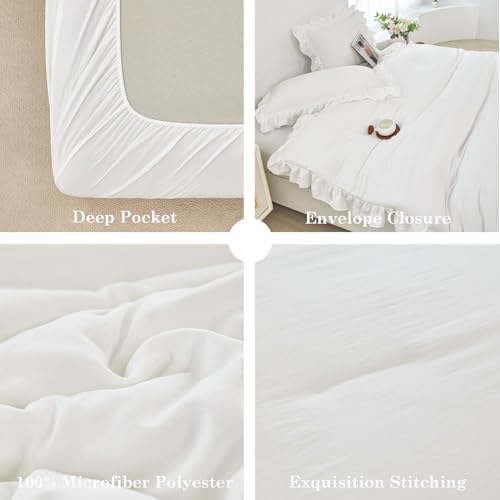 ANGIYUIN White Ruffle Comforter Set Twin 5 Pieces Ruffled Bed in A Bag with Sheets Soft Farmhouse Bedding Sets for Kids Girls Teens(White Twin) ANGIYUIN
