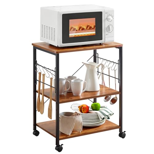 Mr IRONSTONE Microwave Cart 23.7'' for Small Space, 3-Tier Coffee Cart Rolling Kitchen Utility cart Microwave Stand on Wheels, Vintage