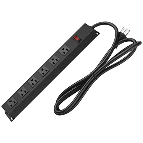 Metal Wall Mount Power Strip, Mountable Power Outlet with 6 AC Outlets, Aluminum Alloy Mount Power Socket with Switch, 6 FT SJT 3/C 14AWG Power Cord, 15A 125V 1875W (6AC) Black HHSOET