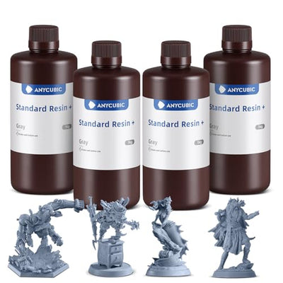 ANYCUBIC Standard 3D Printer Resin Plus, 405nm SLA Fast UV-Curing Resin, High Precision & Rapid Photopolymer for 8K/14K/16K Capable LCD/DLP/SLA 3D Printing(4Packs*1kg Grey, 4kg in Total)