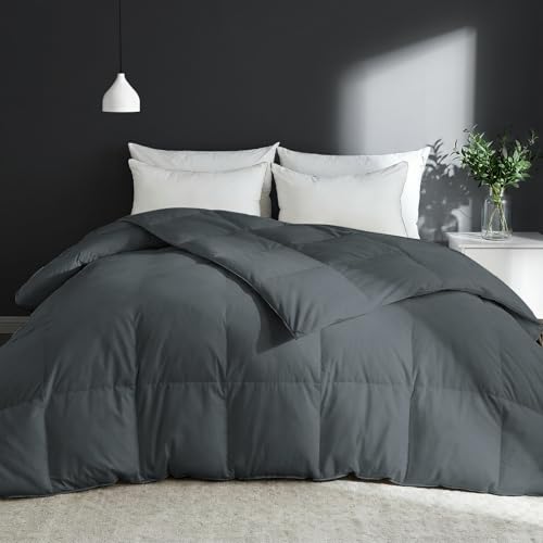 Goose Feather Comforter Queen Size, Duvet Insert All Season Queen, Bed Comforter Quilted Hotel Luxury Fluffy 100% Cotton Blanket with 8 Corner Tabs, 90 x 90 Inch, Grey, Machine Washable Deodar