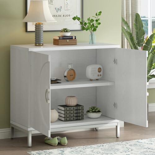 FridayParts Sideboard Simple Storage Accent Cabinet with Solid Wood Veneer and Metal Leg Frame for Living, Entryway, Dining Room (White) - WoodArtSupply