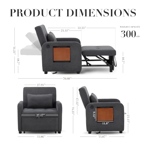 Convertible Sleeper Chair-Fabric Futon Sofa Bed, Single Sleeper Sofa, Small Couch Bed with USB Port, Foldable Table, Pillow, Adjustable Backrest for Dorm/Bedroom/College Darkgrey COLAMY