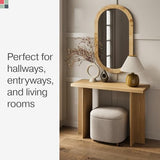 Stead Modern Console Table - Natural Oak, Fluted Solid Wood - Slim Entryway Table with Drawers & Curved Cross Base Stead