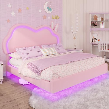 AMERLIFE Floating Queen Bed Frame with Adjustable RGB LED Headboard, Leather Upholstered Platform Bed for Kids/Girls,Wood Slats Support, No Box Spring Needed, Easy Assembly, Pink AMERLIFE