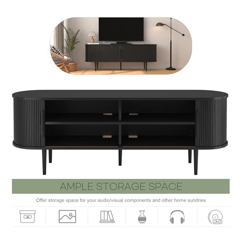 BOMETAO TV Stand, Wood TV Stands for Living Room, Entertainment Center with Storage and Sliding Door for 50/55/60/65 inch TV, Mid Century Modern TV Consoles Media Console Table for Bedroom(Bl - WoodArtSupply