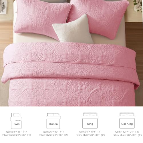 Whale Flotilla Soft Twin Quilt Bedding Set for All Seasons, Elegant Vintage Damask Ultrasonic Quilts Set, Lightweight Reversible Bedspread, Coverlet, Bed Cover with 1 Pillow Sham, Pink Whale Flotilla