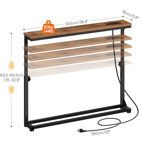 HOOBRO Narrow Console Table with Charging Station, Adjustable Height Sofa Table (25''-32.9''), Slim Behind Couch Table for Small Spaces, Entryway, Living Room, 39.4" Rustic Brown BF95UXG01 HOOBRO