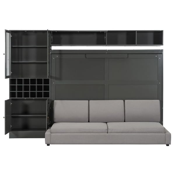 Polibi Queen Size Murphy Bed with Sofa Function - Space-Saving Wall Bed, Shelves USB and Light, for Small Apartments/Studios, Gray Polibi