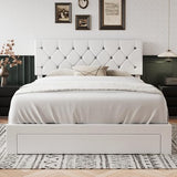 VECELO Queen Size Bed Frame with 3 Storage Drawers, Leather Upholstered with Diamond Tufted Headboard, Solid Wood Slat Support & Steel Framework, PU & White VECELO