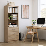 FOTOSOK 71-Inch Oak Storage Cabinet with 3 Drawers and Open Shelves for Home and Office FOTOSOK