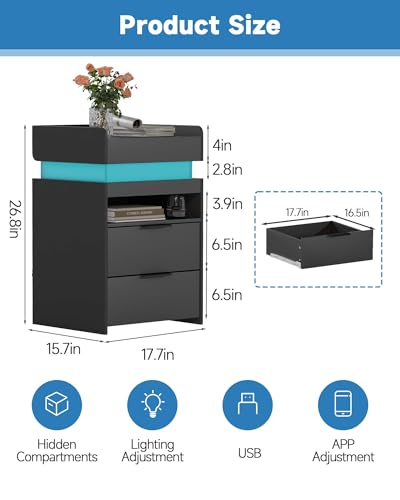 Baoz Nightstand with Gun Drawer, Charging Night Stand with USB and AC Ports, LED Nightstand, NightStands with Gun Drawer, Smart Night Stand with Sliding Top Storage Baoz
