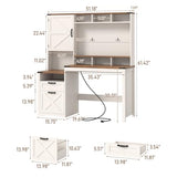 Farmhouse Executive Desk 51" Computer Desk with 2 Drawers Storage Cabinet and Power Outlets Wood Home Office Desk with Hutch & Monitor Stand, Writing Desk Workstation for Bedroom Study, Rustic White Halitaa