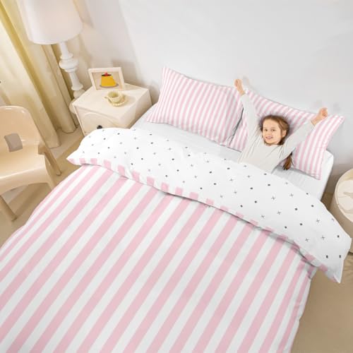 Manfei Striped Duvet Cover Set Full Size,Minimalist Vertical Stripes Bedding Set 2 Pcs for Boys Girls Adults,Modern Style Pink White Comforter Cover(No Filler),Line Art Quilt Cover Manfei
