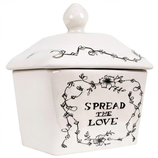 Creative Co-Op Country Stoneware Butter Dish with Lid, "Spread the Love" Message, and Farm Line Drawing, White and Black, Food, Microwave, and Dishwasher Safe Creative Co-Op