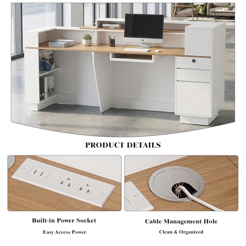 Modern Reception Desk with LED Lights & Built-in Outlets, 63” L-Shaped Front Desk with Slatted Grille Design,White Checkout Counter for Salon, Retail Store, Office, Dimmable Switch Laxodor