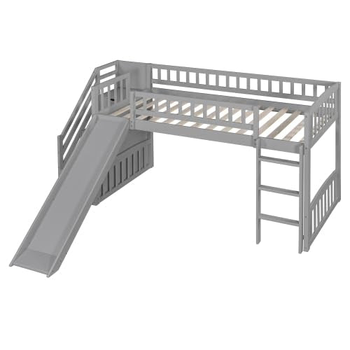 Harper & Bright Designs Kids Loft Bed with Slide and Storage Stairs, Twin Size Wooden Loft Bed with Built-in Ladder, Grey Harper & Bright Designs