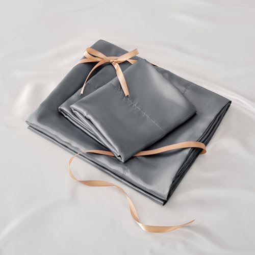 BEDELITE Satin Sheets Full Size Bed Set, Luxury Soft Dark Grey Silky Sheets for Hair and Skin, Similar to Silk Bed Sheets Set 4 Pieces with 1 Deep Pocket Fitted Sheet, 1 Flat Sheet, and 2 Pillowcases BEDELITE
