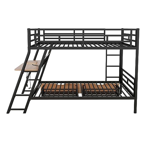 DEYOBED Black Full Size Metal Gaming Bunk Bed with Built-in Desk, LED Light Strip and Storage Drawers - WoodArtSupply