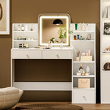Oiroporz White Makeup Vanity Desk with LED Mirror & 5-Tier Sloped Shelves, 7 Open Storage Areas & 3 Drawers, Adjustable 3-Color Lighting Dressing Table Oiroporz