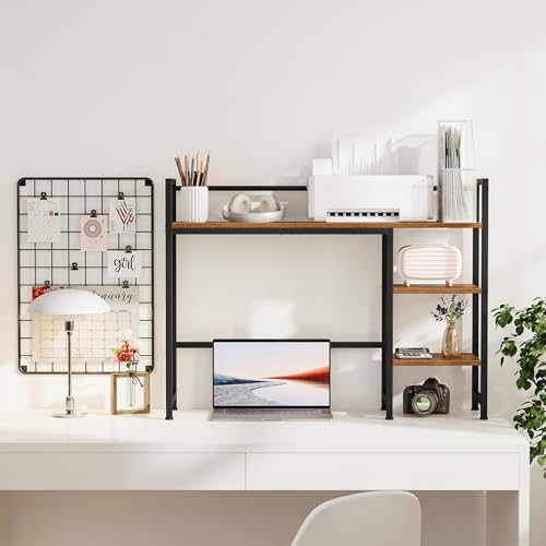 Snughome Desk Shelf, 38.6" Desktop Organizer Shelf, Desk Hutch for Computer Monitor, 4 Tier Desk Display Rack, Wood Desktop Bookshelf Storage Rack for Home Office Dorm, Rustic Brown Snughome