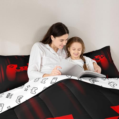 Feelyou Twin Comforter Set for Boys Gamer Bedding Set for Boys Kids Gaming Comforter Red Black Teen Child Gamer Room Decor Soft Game Geometric Duvet Quilted 1 Comforter with 1 Pillowcase Gamer Gifts Feelyou