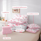 Feelyou Pink Bow Bed Set for Kids Boys Girls Queen Size Cute Dreamy Princess Style 7 Pieces Beeding Set Ultra Soft Bow Pattern Bed in a Bag with Comforter, Sheets, Pillowcases Bowknot Room Decor Feelyou