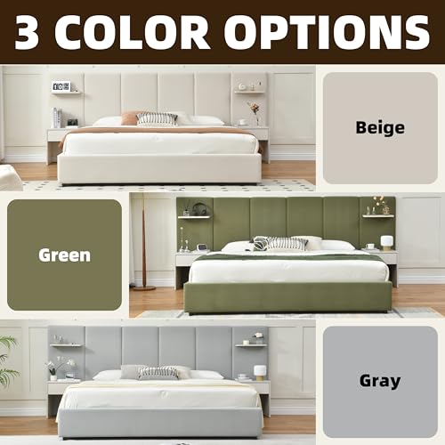 QNZK King Bed Frame with Storage & Built-in Nightstands, Velvet Upholstered Platform Bed Frame with Drawers & 2 Floating Storage Shelves, Noise-Free, No Box Spring Needed, Easy Assembly, Beige QNZK