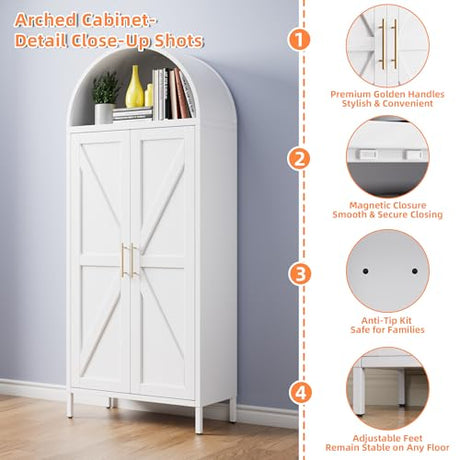 JAORD Metal Arched Kitchen Pantry Cabinet with 4 Adjustable Shelves, Farmhouse Arched Cabinet with 2 Doors for Kitchen,Bedroom,Living Room,White, Assemble Required,13.8" D x 27.6" W x 66.9" H JAORD