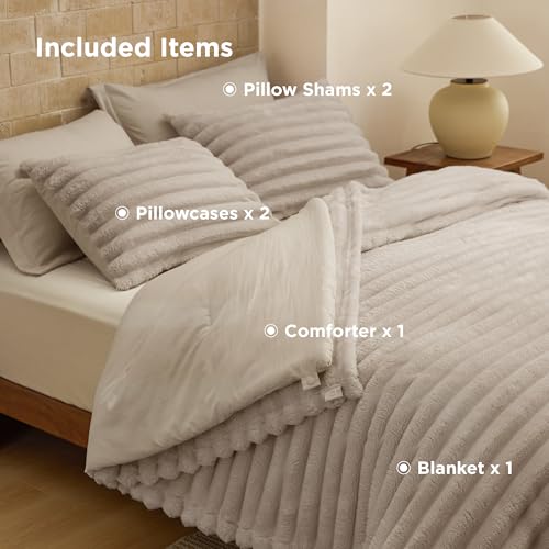 Bedsure Gentlesoft 2-in-1 Queen Comforter Set and Detachable Fluffy Blanket, Beige Bedding Set for All Season Use, SnapTech Design for Space Saving (Includes 2 Pillow Shams, 2 Pillowcases) Bedsure