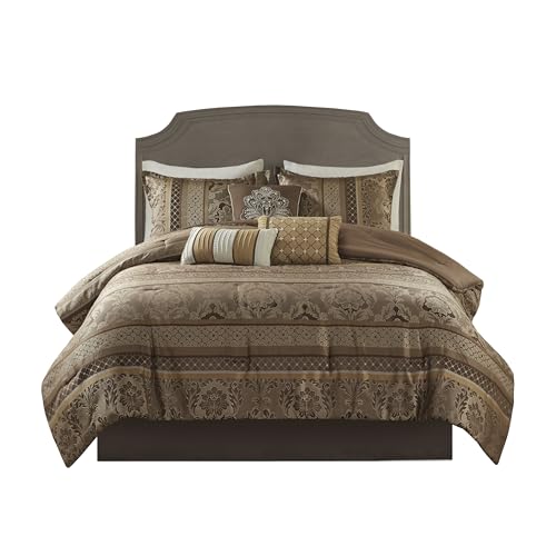 Madison Park Bellagio Cozy Comforter Set - Luxurious Jaquard Traditional Damask Design, All Season Down Alternative Bedding with Matching Shams, Decorative Pillow, Queen(90"x90"), Brown/Gold 7 Piece Madison Park