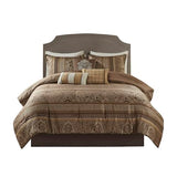 Madison Park Bellagio Cozy Comforter Set - Luxurious Jaquard Traditional Damask Design, All Season Down Alternative Bedding with Matching Shams, Decorative Pillow, Queen(90"x90"), Brown/Gold 7 Piece Madison Park