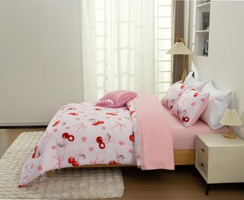 Aimuan Pink Cherries Comforter Set Cartoon Love Hearts Flowers and Grass Bedding Set for Girls Boys Kids Lightweight Soft 6 Piece with 2 Pillow Covers (Pink Red, Twin 6Pcs) Aimuan