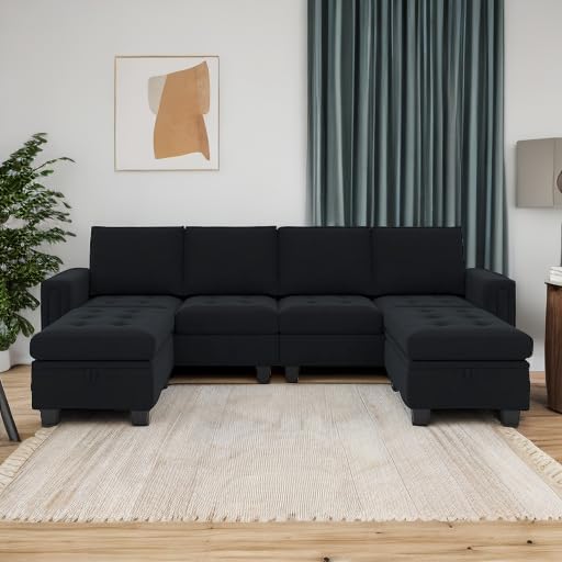Belffin Velvet U Shaped Sectional Sofa Couch with Storage Ottoman Convertibel Sectional Sofa with Reversible Chaises Black Belffin