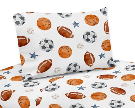 Sweet Jojo Designs Sports Theme Boy Twin Sheets Set Single Size Bed Flat Fitted Sheet Pillow Case Kids Childrens Teenager Bedding 3p Watercolor Soccer Balls Football Baseball Basketball Blue Stars Sweet Jojo Designs