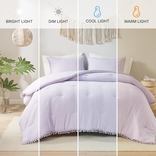 Codi Lavender Purple Full/Queen Comforter Set - Boho Aesthetic Bedding with Luxurious Pom Fringe, Soft Washed Microfiber 3pc Set, Couple-Friendly Lightweight Design, 1 Comforter & 2 Pillow Shams Codi